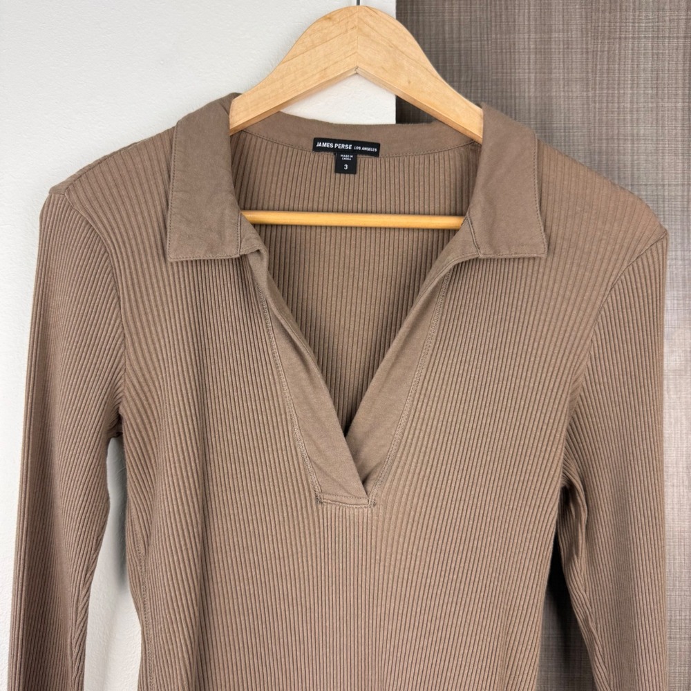 James‎ Perse Sable Brown Ribbed Polo Long Sleeve Top Split Neck Large - Picture 4 of 13